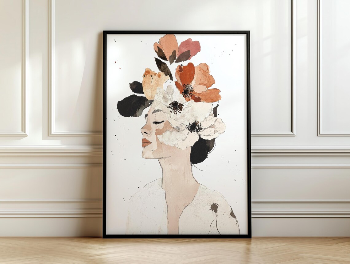 Neutral Portrait Of Woman With Flowers, Art Print