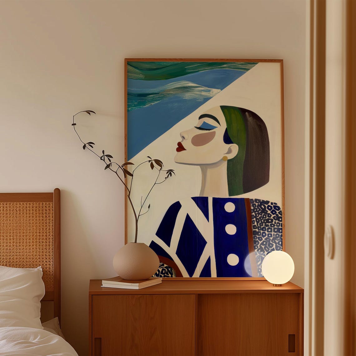 Abstract Woman Portrait In Blue And White Bold Graphic Wall Art Modern Feminine Artwork - Image 2