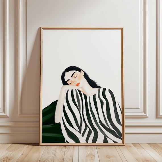 Woman Resting Her Head on Her Hand Striped Blouse Art Poster