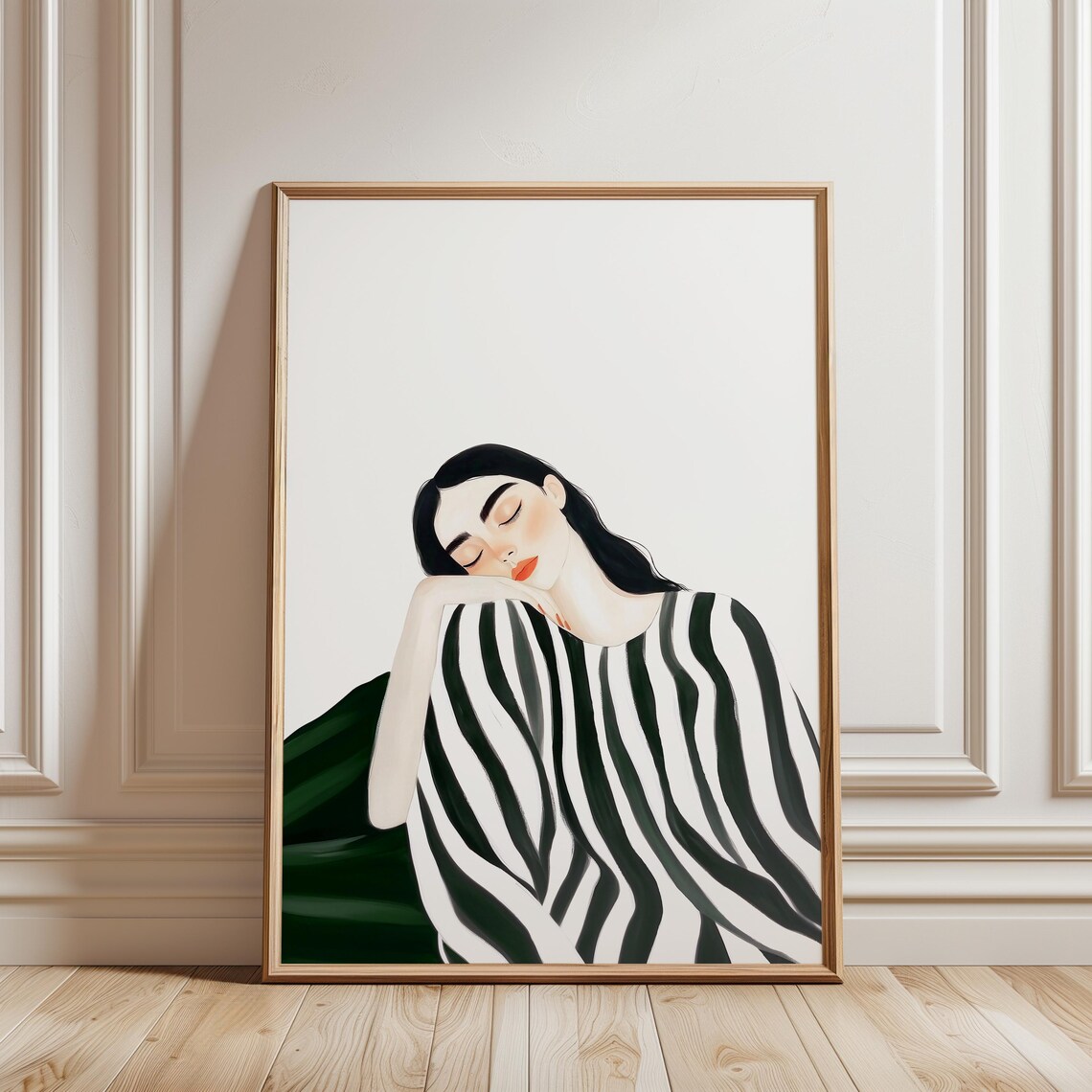 Woman Resting Her Head on Her Hand Striped Blouse Art Poster