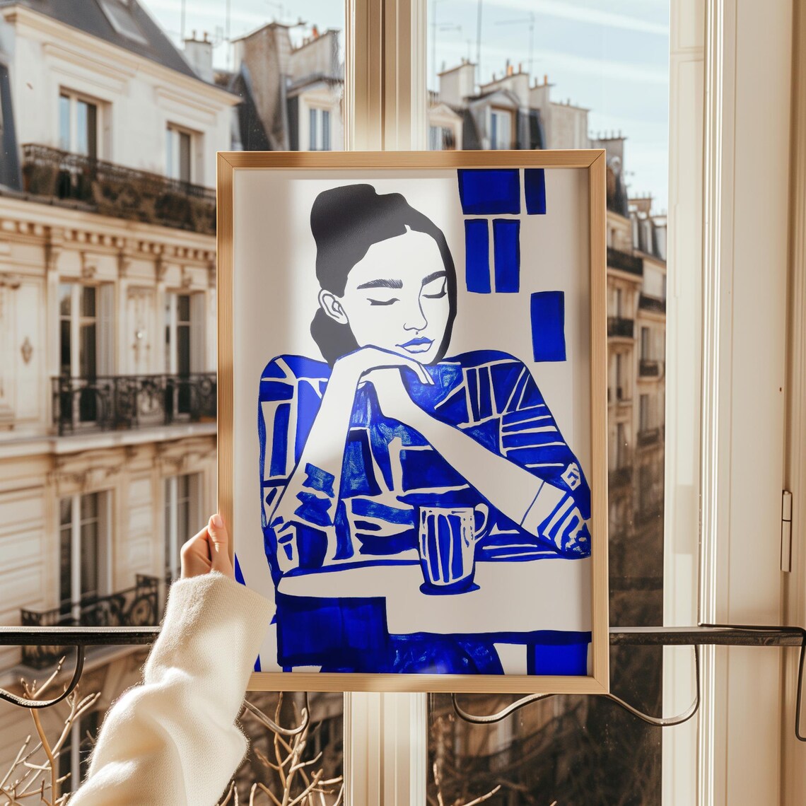 Serene Woman With Coffee Electric Blue Minimalist Print Thoughtful Modern Illustration Unique Wall Art - Image 3