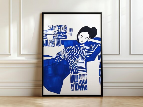 Reclining Woman in Blue Striped Dress Modern Illustration Poster