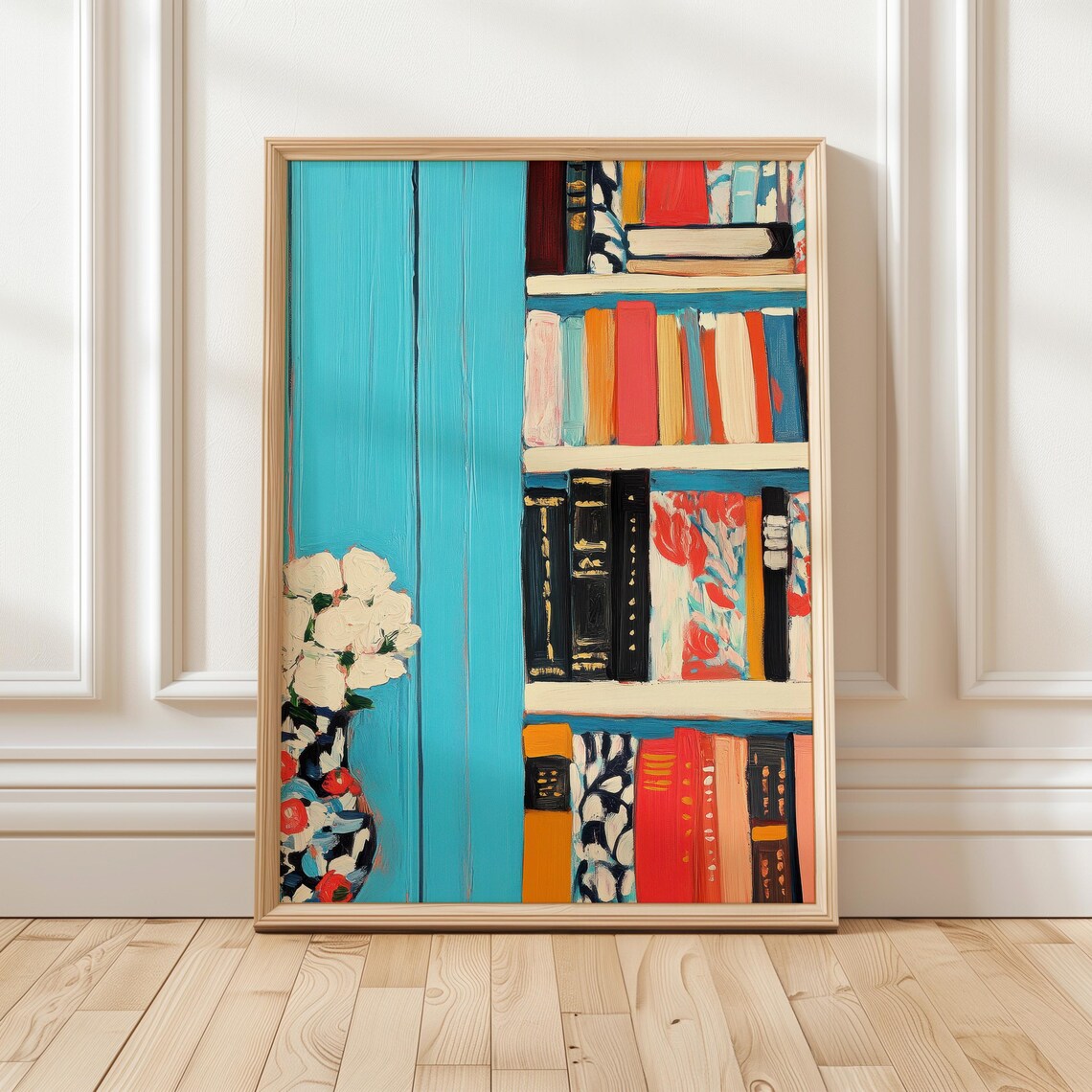 Colorful Bookshelf And Flowers Book Lover Literary Art Poster