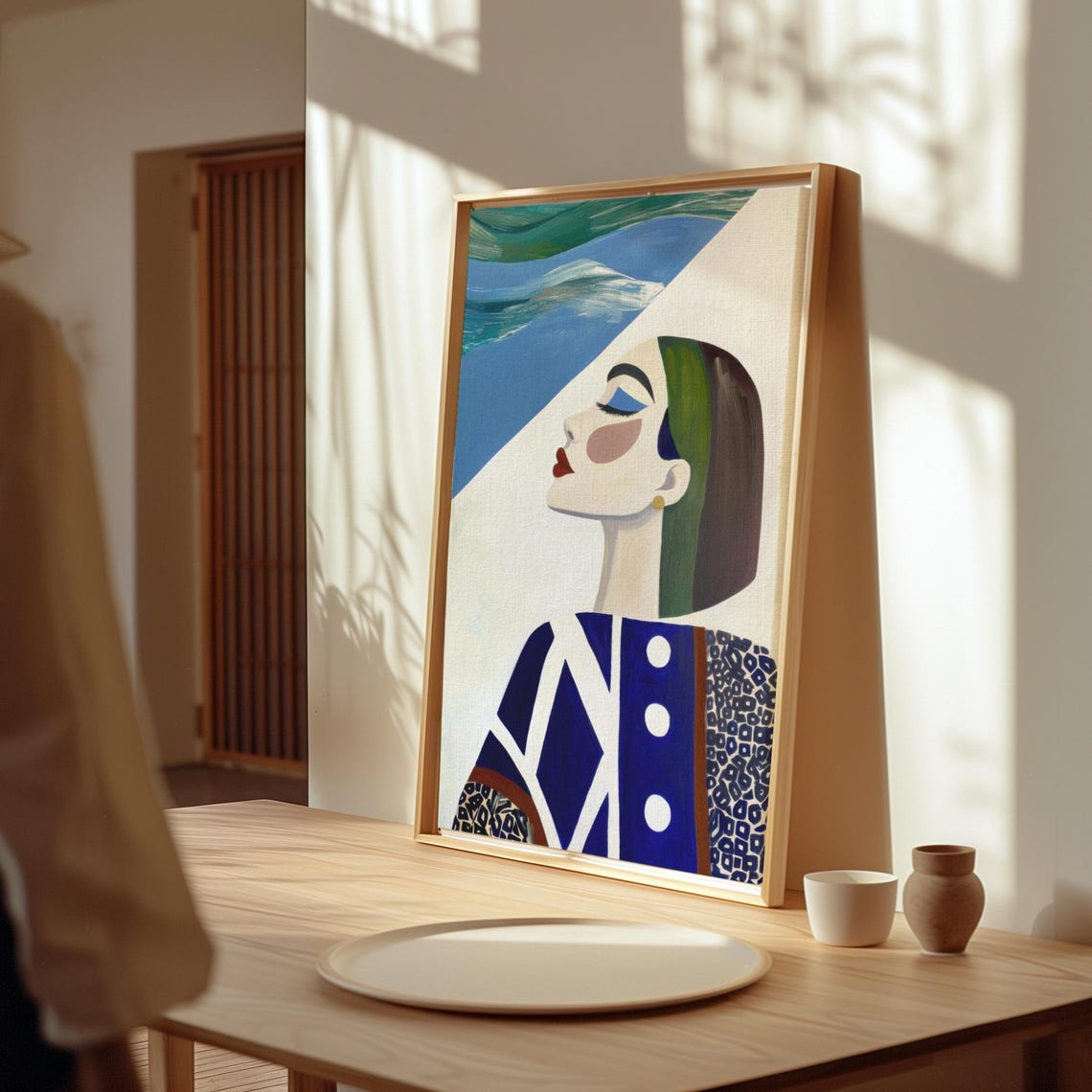 Abstract Woman Portrait In Blue And White Bold Graphic Wall Art Modern Feminine Artwork - Image 3