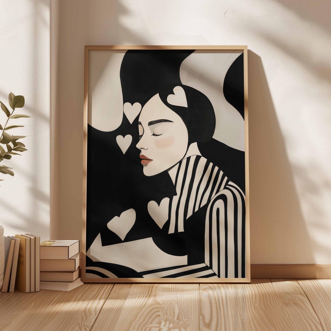 Woman Portrait With Floating Hearts Striped Collar Dreamy Art Poster