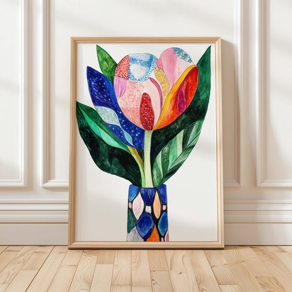 Colorful Abstract Tulip In Patterned Vase Modern Botanical Print Bold Floral Artwork For Vibrant Home Decor