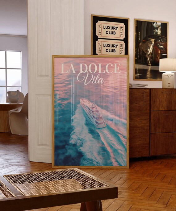 La Dolce Vita Pink Ocean Yacht Aerial Coastal Summer Dream Art Poster