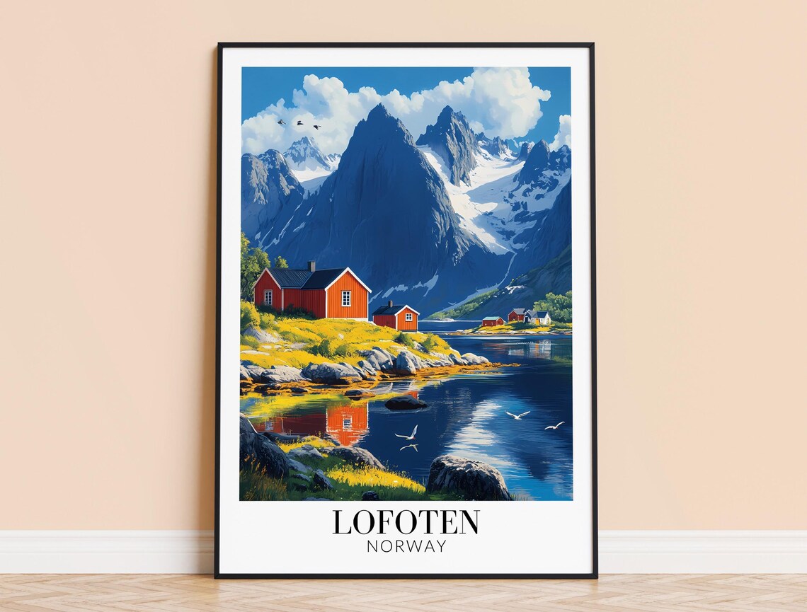 Lofoten Norway Red Cabins Mountain Fjord Arctic Travel Poster