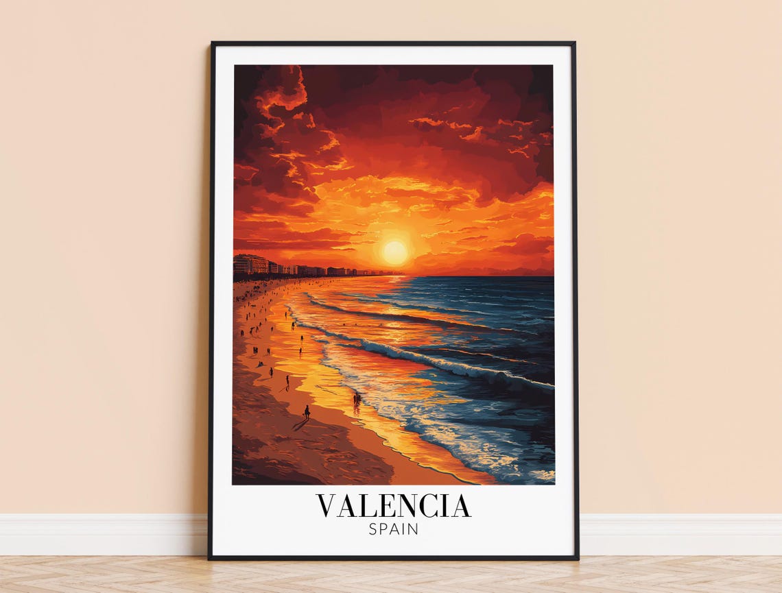 Valencia Spain Fiery Sunset Beach Ocean Waves Silhouette Poster