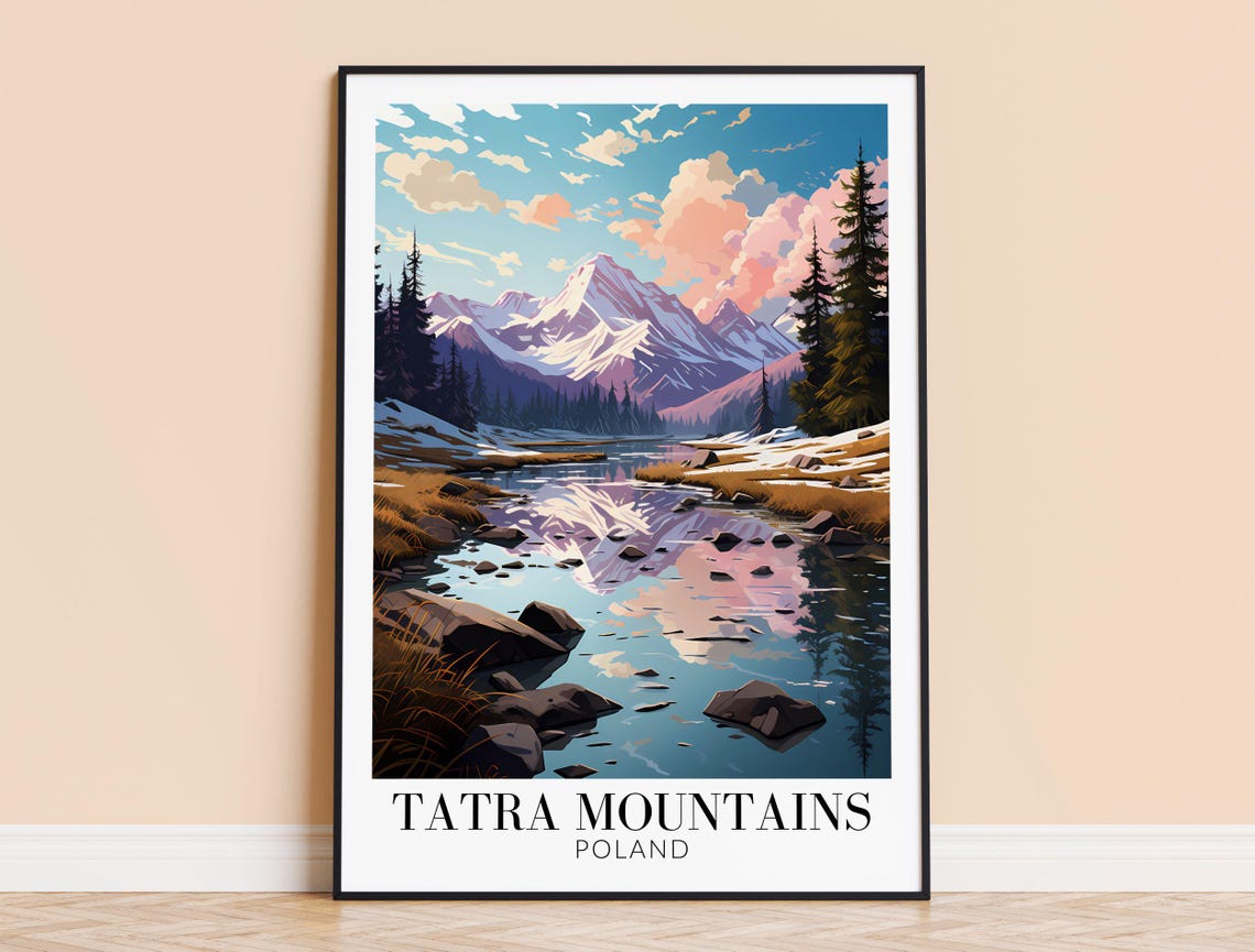 Tatra Mountains Poland Snowy Peak Lake Reflection Travel Poster