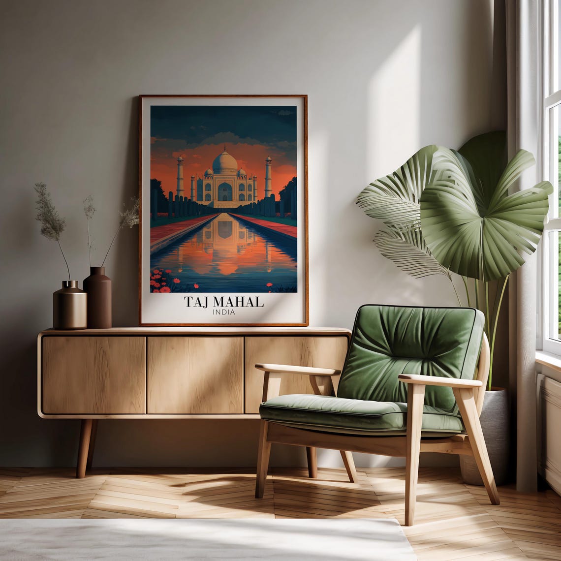 Taj Mahal Fiery Sunset Sky Mirror Reflection Gardens India Poster - Image 2