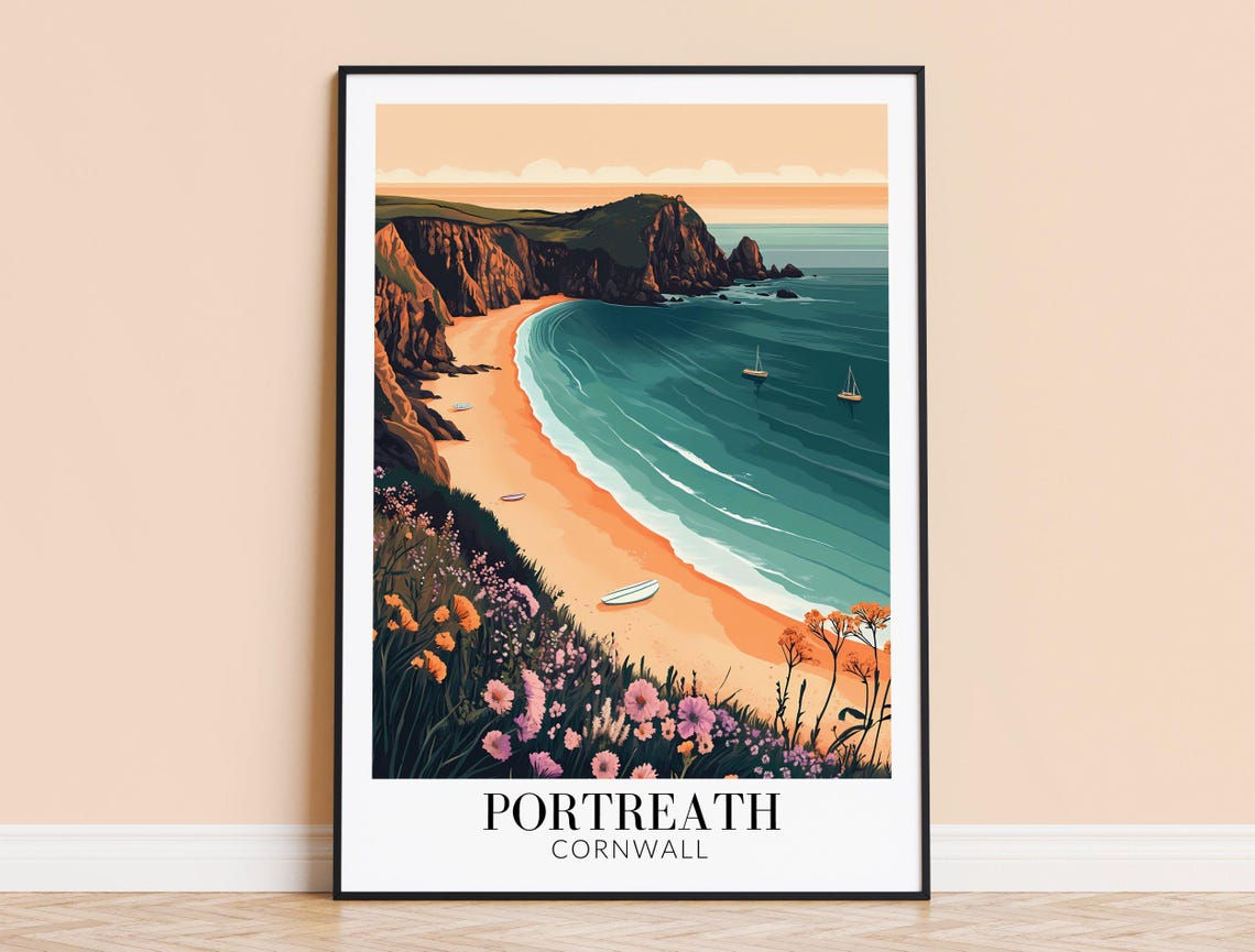 Portreath Cornwall Beach Cliffs Wildflowers Coastal Travel Poster