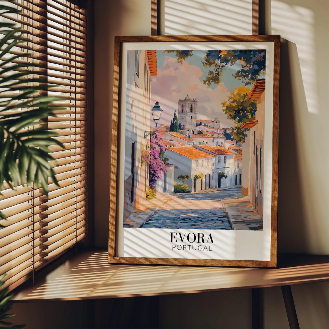 Evora Portugal Cobblestone Lane With Bell Tower and Blooms Poster - Image 3