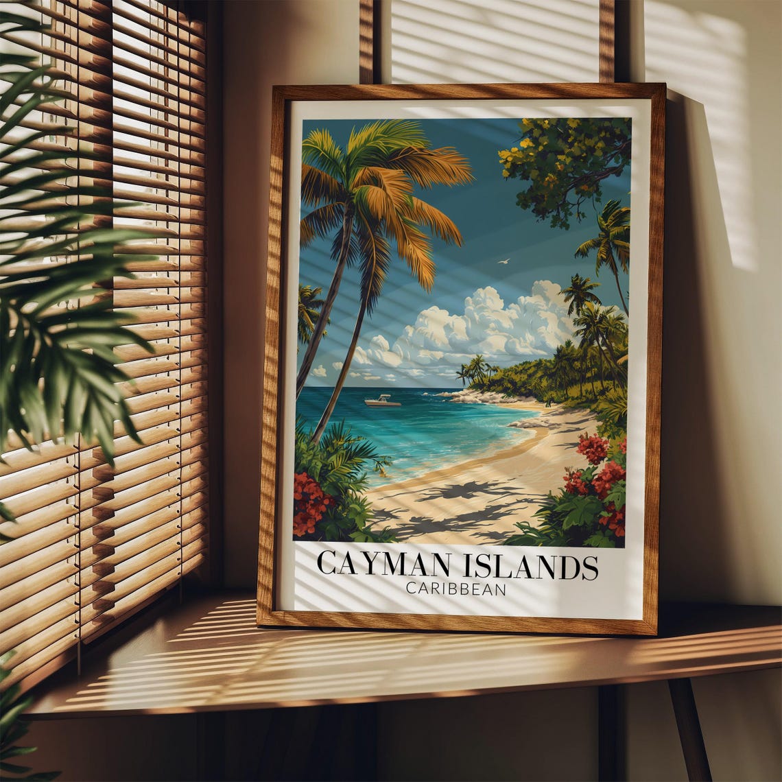 Cayman Islands Palm Framed Sandy Beach Boat Caribbean Travel Poster - Image 4