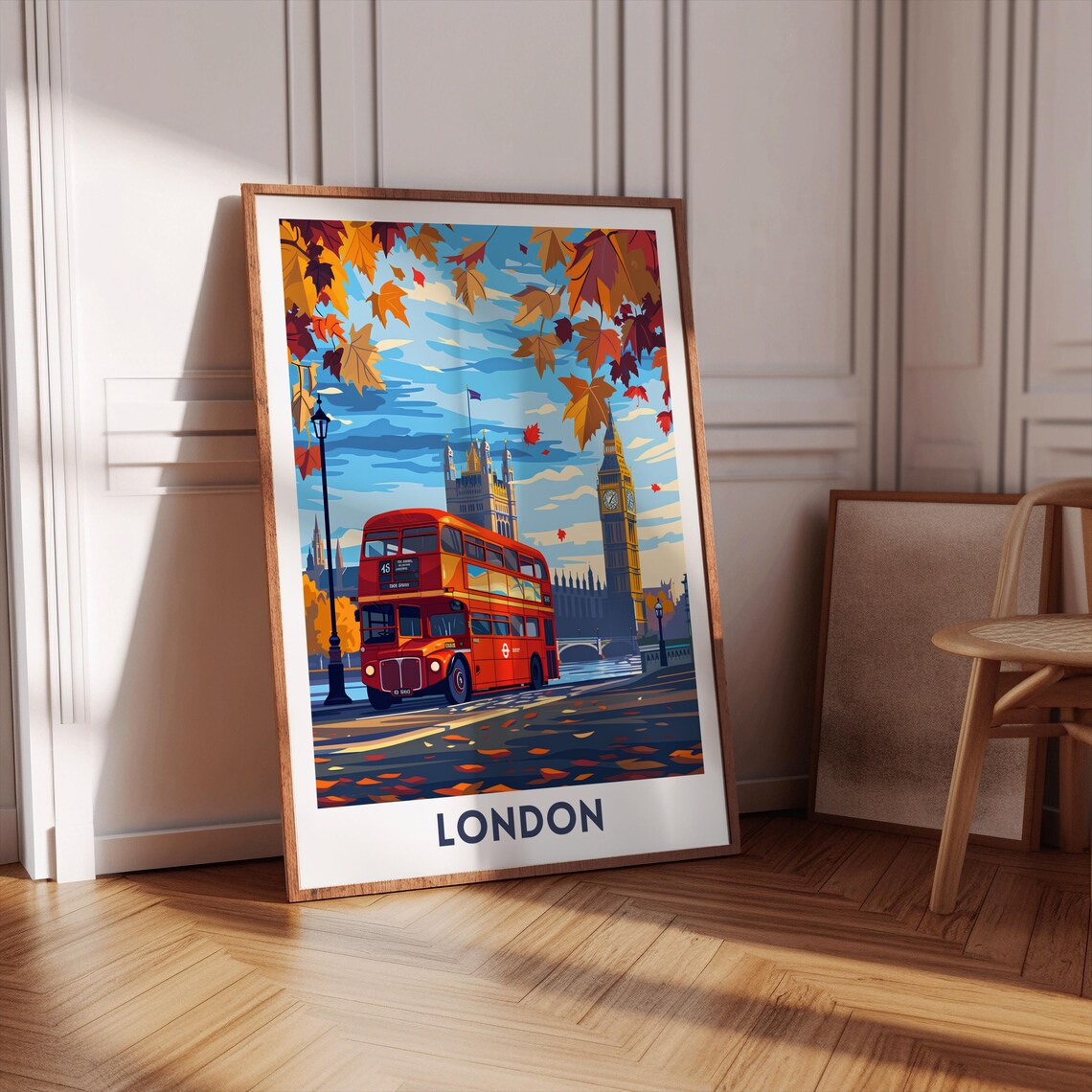 London Red Double Decker Bus Big Ben Autumn Leaves Street Poster - Image 3