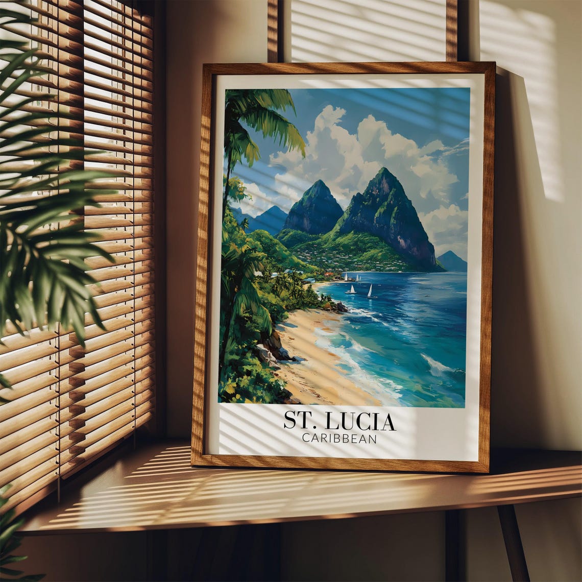St Lucia Caribbean Twin Piton Peaks Palm Beach Travel Poster - Image 3