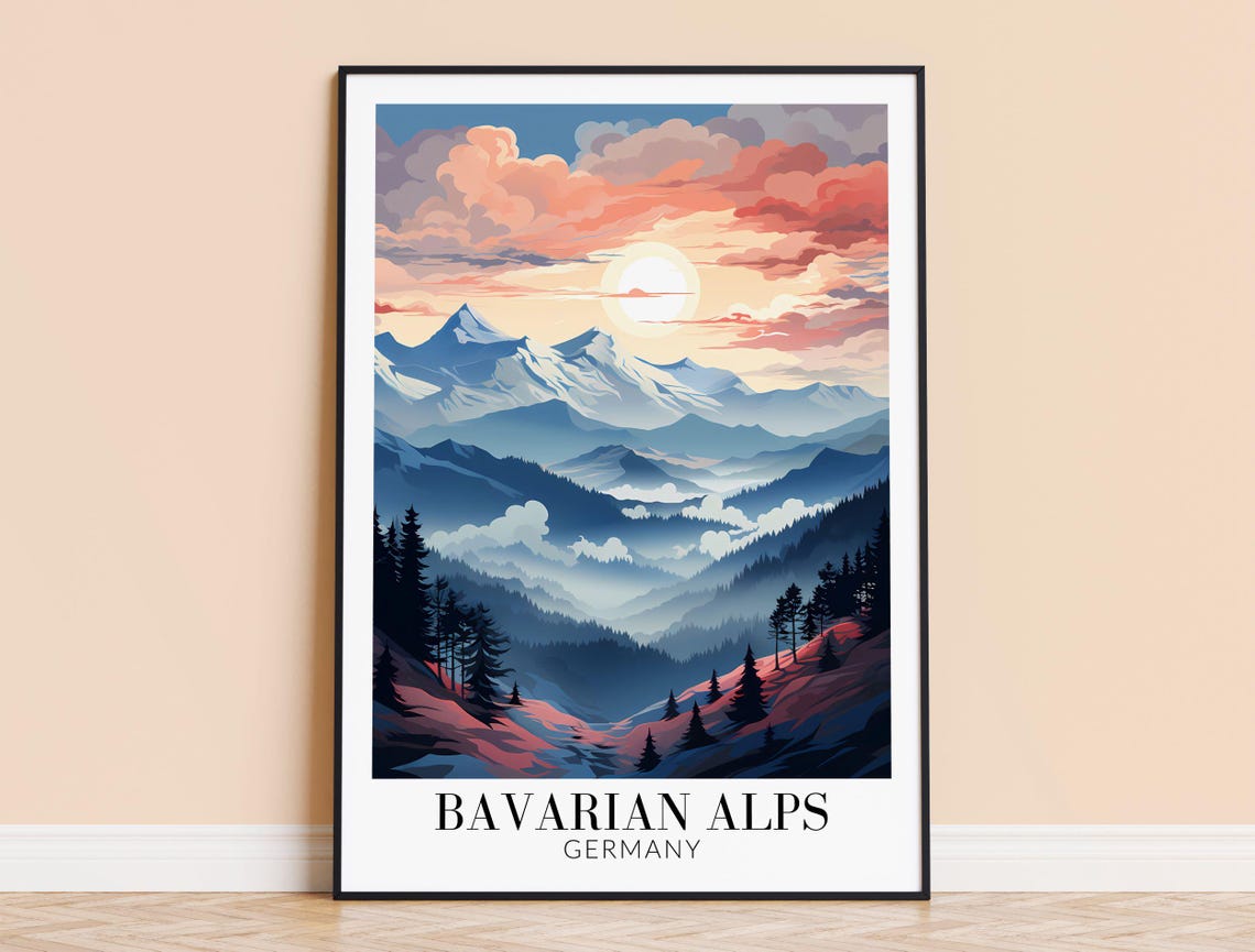 Bavarian Alps Germany Snowy Mountain Sunset Pink Clouds Poster