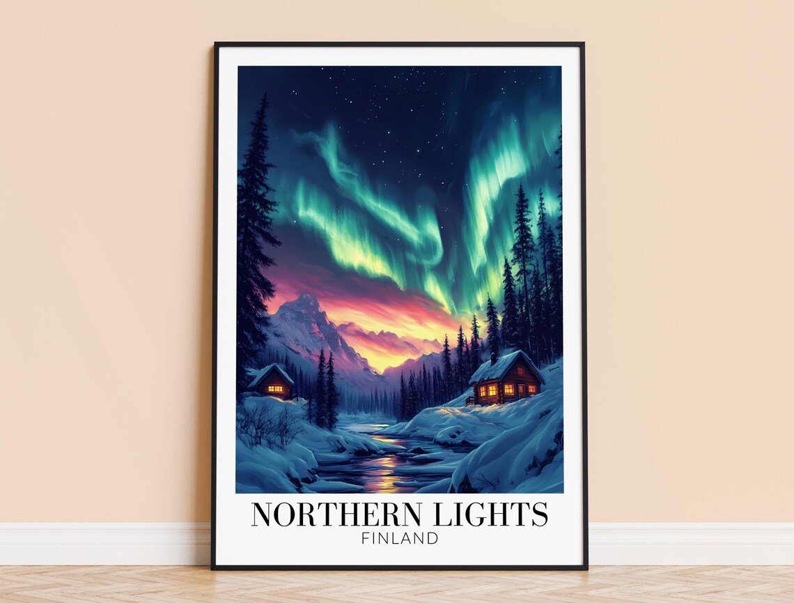 Finland Northern Lights Snowy Cabins Aurora Over Forest Poster