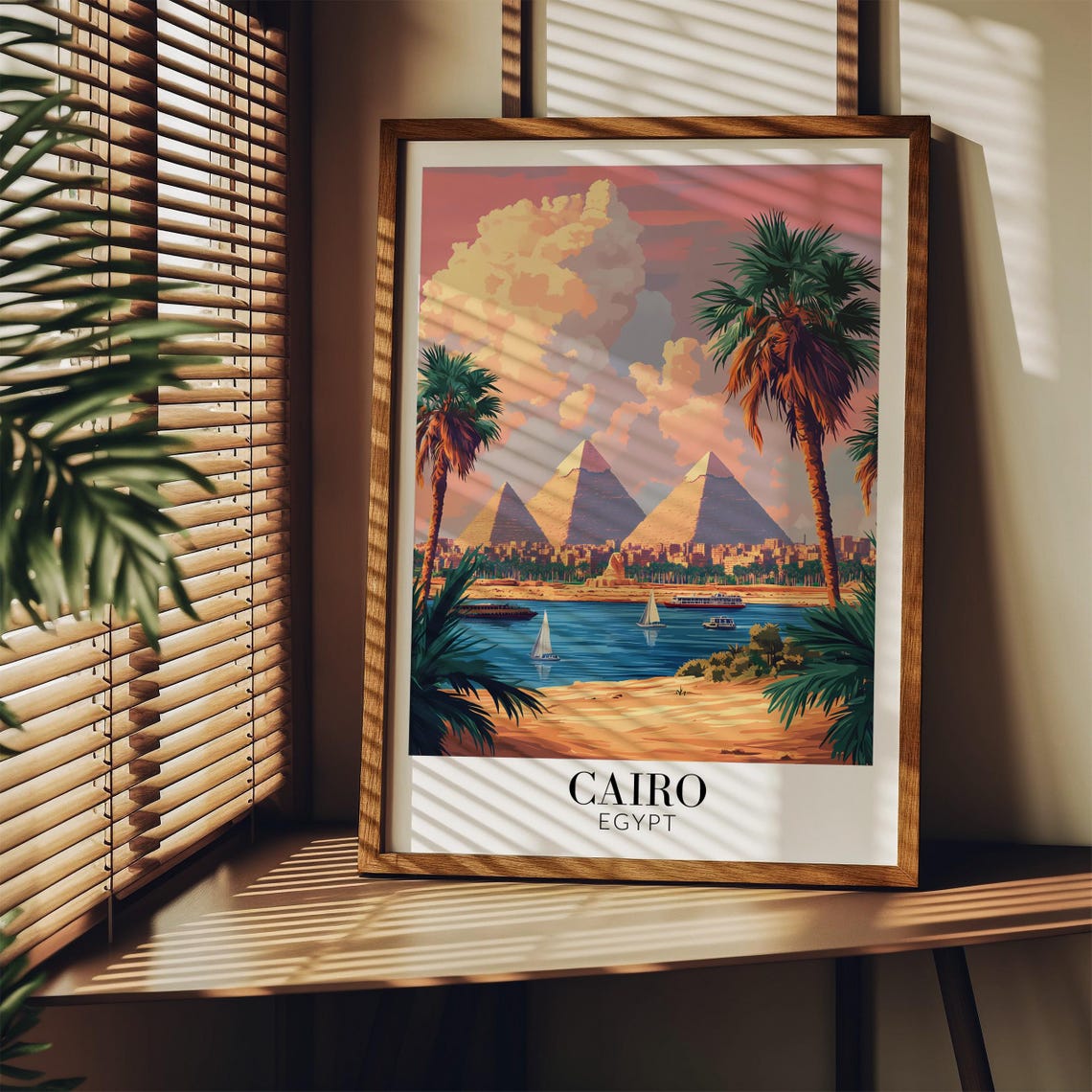 Cairo Giza Pyramids Nile River Feluccas Palm Sunset Egypt Poster - Image 3