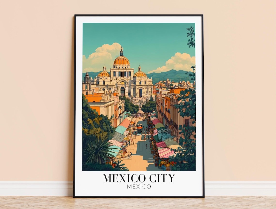 Mexico City Cathedral Golden Domes Market Street Travel Poster Vintage