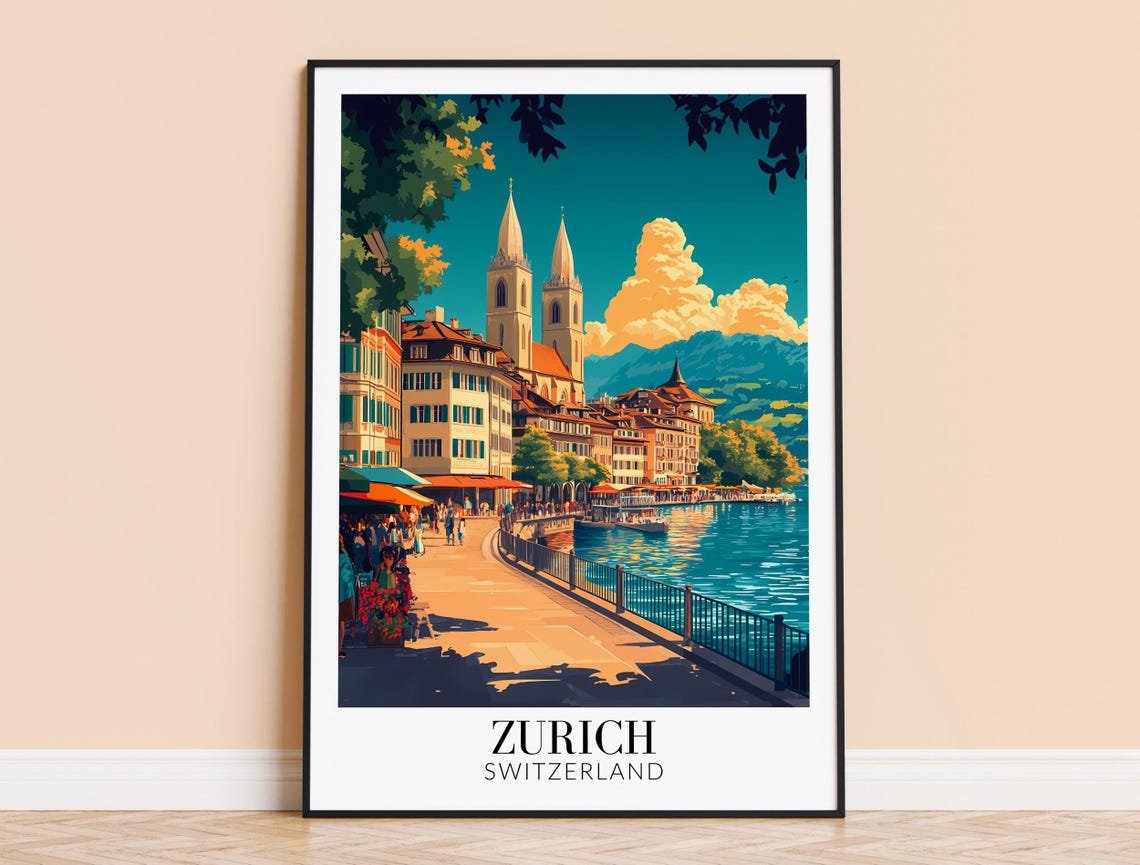 Zurich Switzerland River Promenade Church Spires Travel Poster