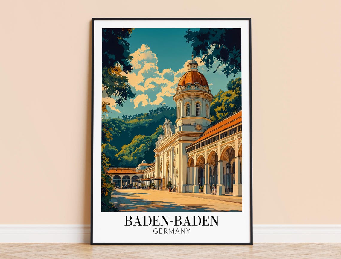 Baden-Baden Germany Grand Spa Colonnade Dome Vintage Travel Poster