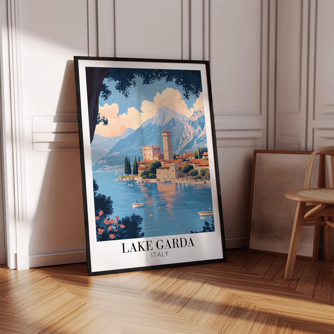 Lake Garda Italy Medieval Tower Lakeside Mountain Town Travel Poster - Image 4