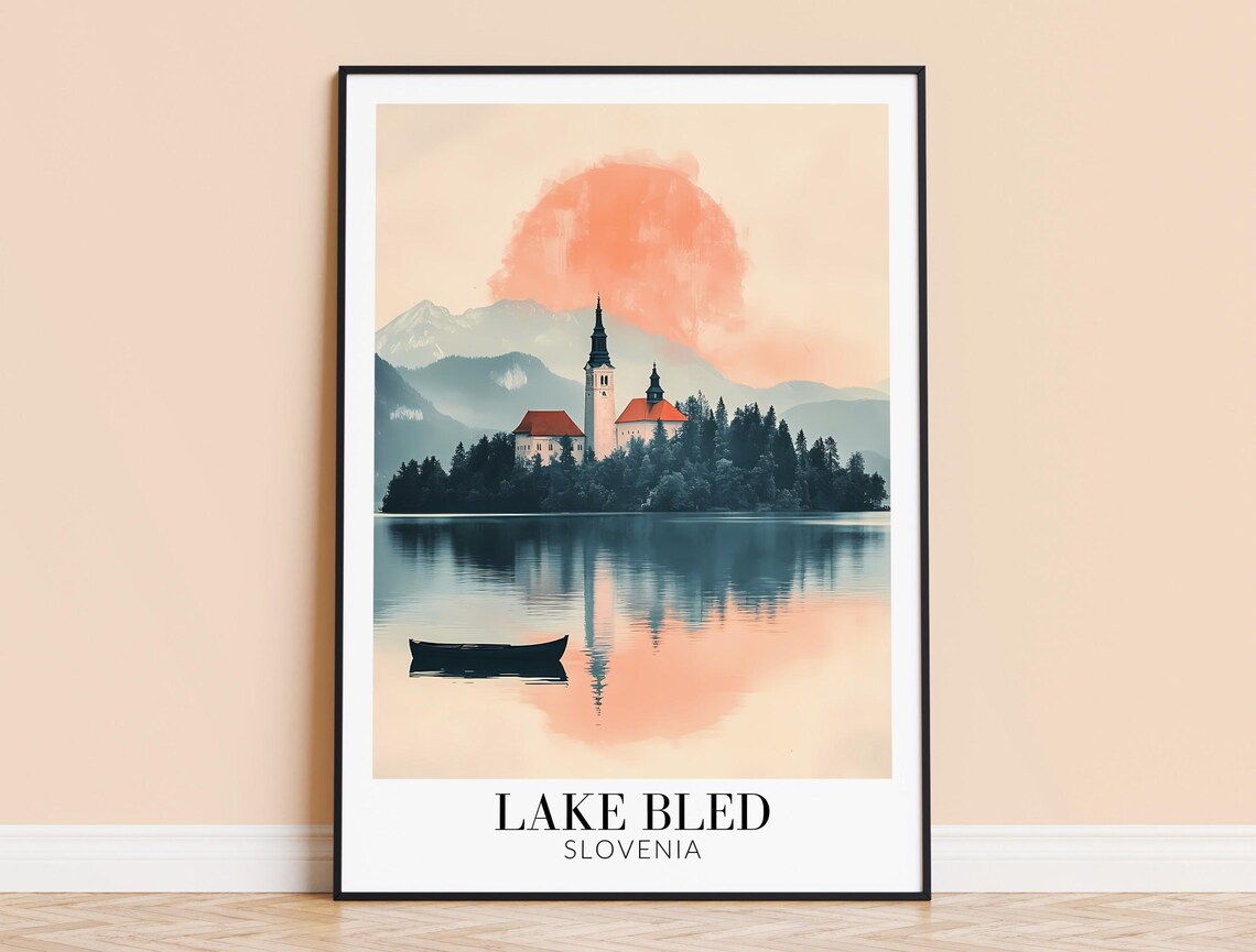 Lake Bled Slovenia Island Church Mountain Sunset Travel Poster