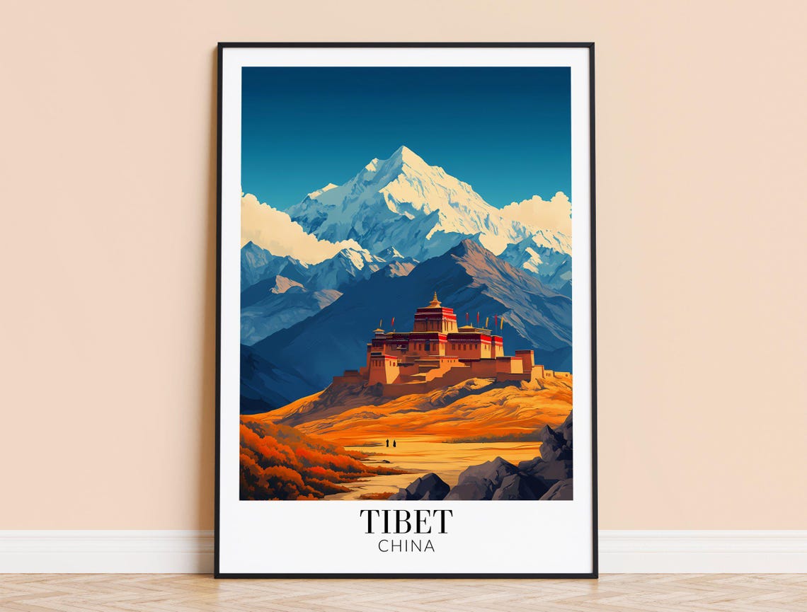 Tibet China Himalayan Monastery Snow Peaks Retro Travel Poster