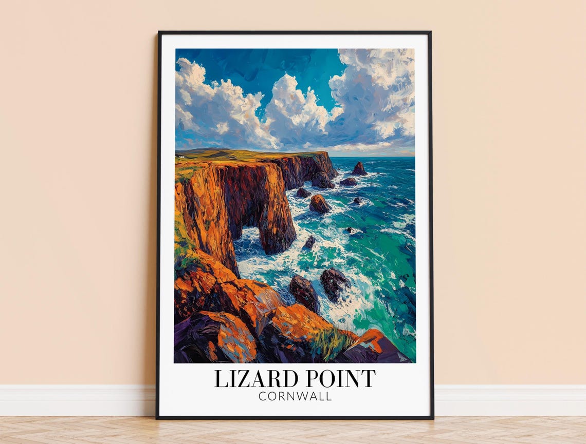 Lizard Point Cornwall Dramatic Orange Sea Cliffs Coastal Travel Poster
