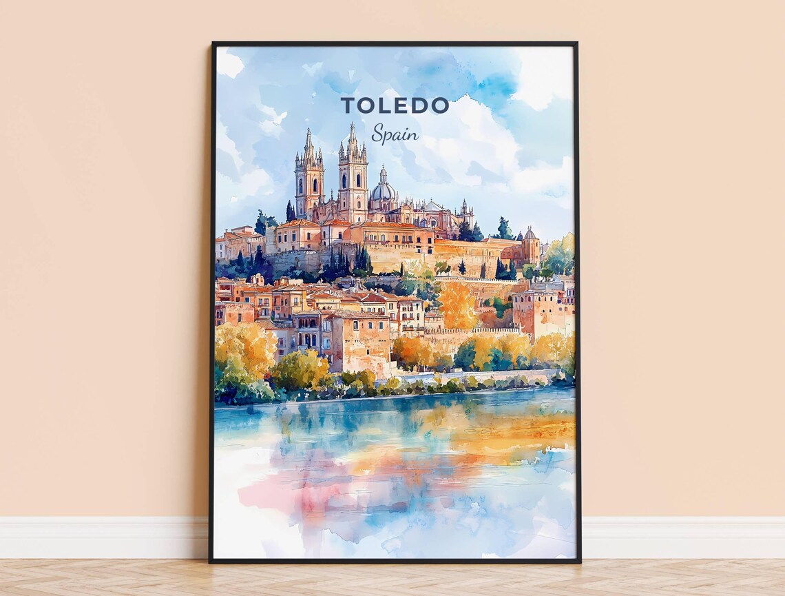 Toledo Spain Riverside Cathedral Watercolor Old Town Travel Poster