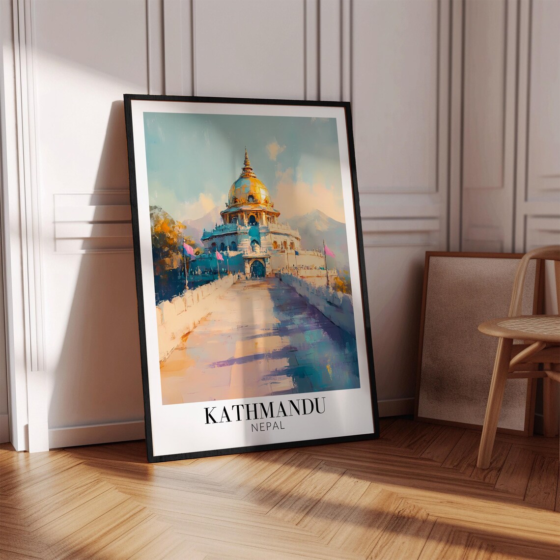 Kathmandu Nepal Golden Spire Stupa Sunlit Walkway Watercolor Poster - Image 4