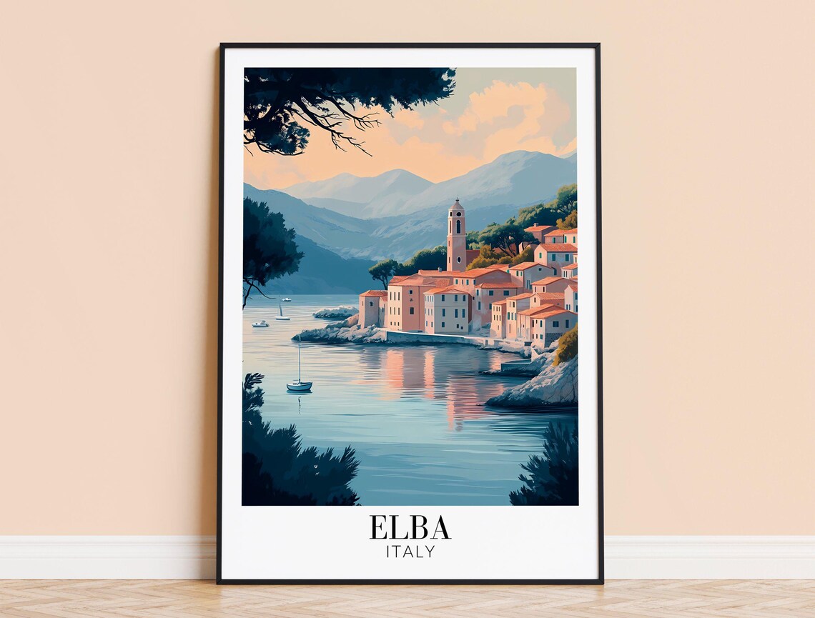 Elba Italy Coastal Town Dusk Sailboats Minimalist Travel Poster