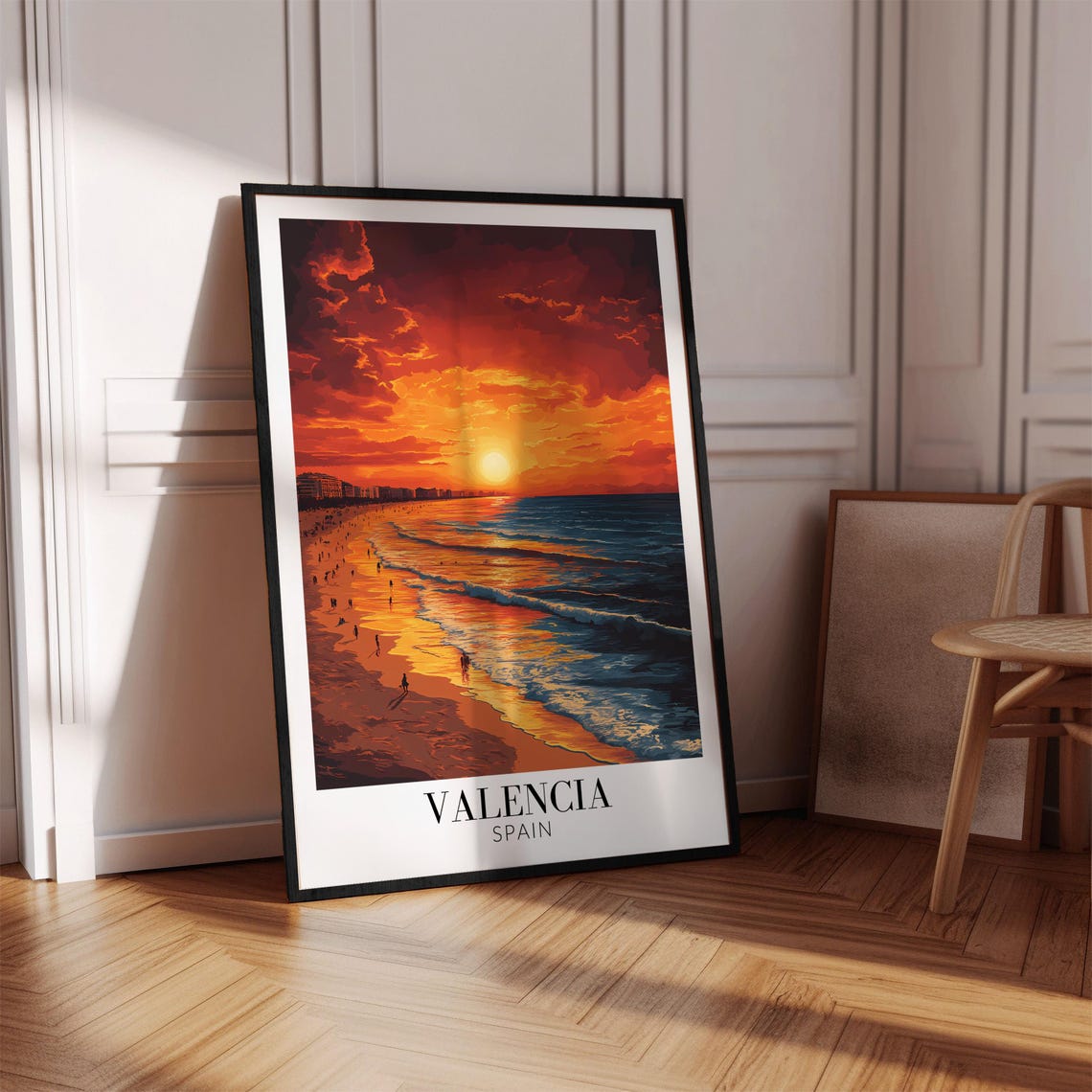 Valencia Spain Fiery Sunset Beach Ocean Waves Silhouette Poster - Image 3