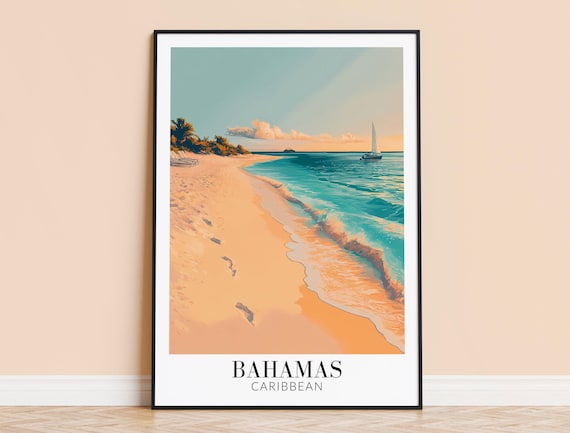 Bahamas Caribbean Sunset Beach Poster Sailboat Tropical Shore Art