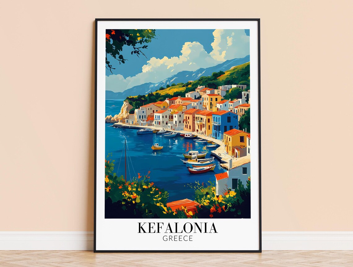 Kefalonia Greece Red Roof Village Harbor Bay Mountain View Travel Poster