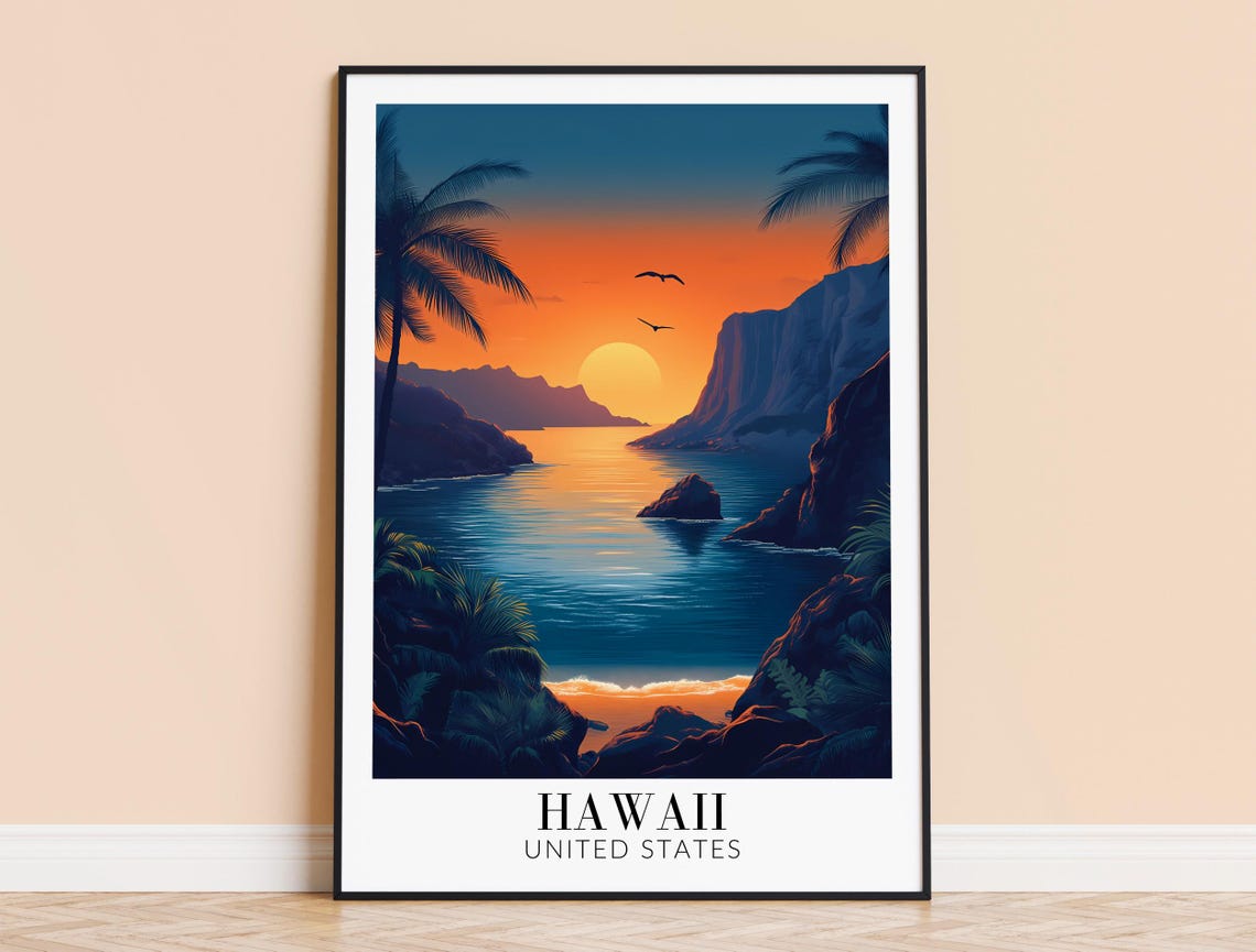 Hawaii Sunset Cove Poster with Palm Trees Cliffs and Sea Birds