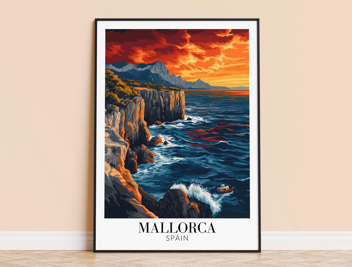Mallorca Spain Dramatic Cliffs Sunset Coastline Travel Poster