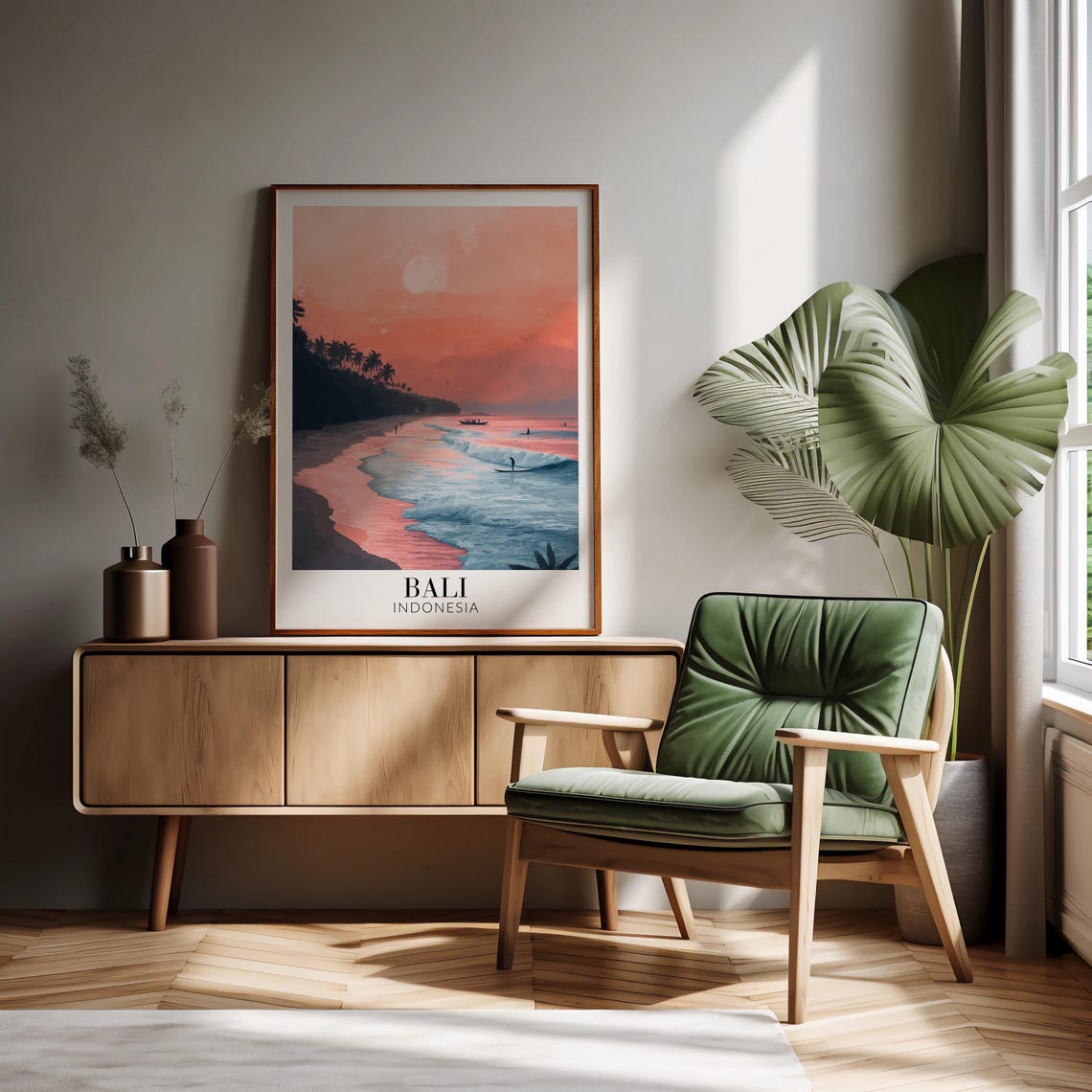 Bali Pastel Sunset Beach Surfers Pink Waves Indonesia Poster - Image 2