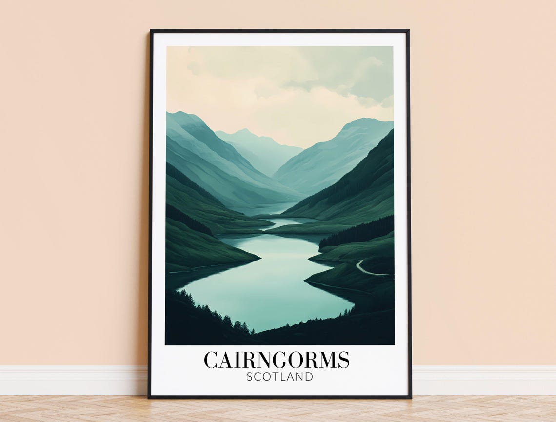 Cairngorms Scotland Green Valley Lake Calm Minimalist Travel Poster