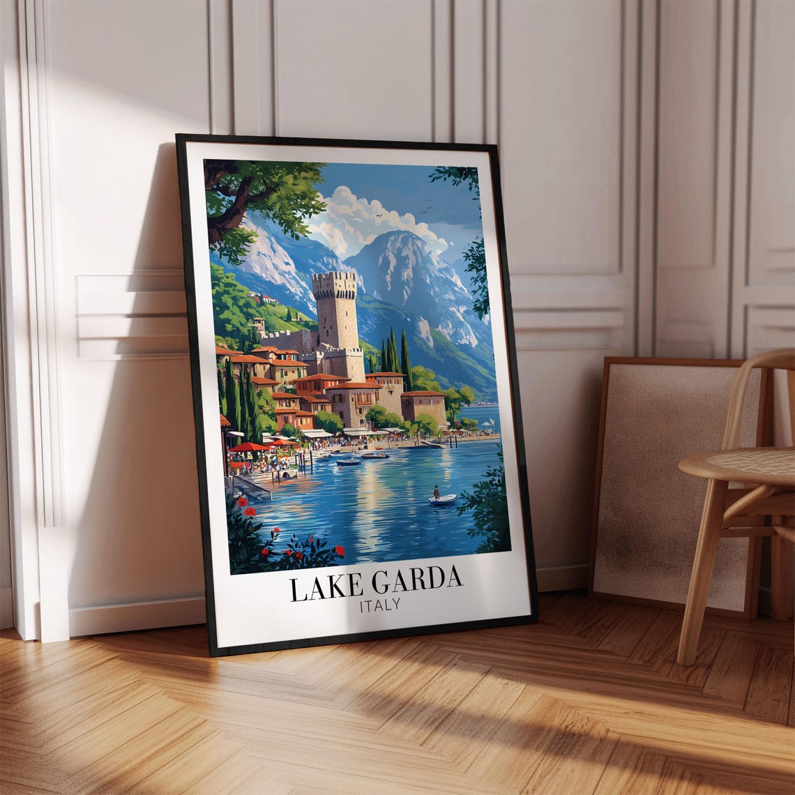 Lake Garda Italy Cliffside Castle Tower Above Blue Lake Travel Poster - Image 4