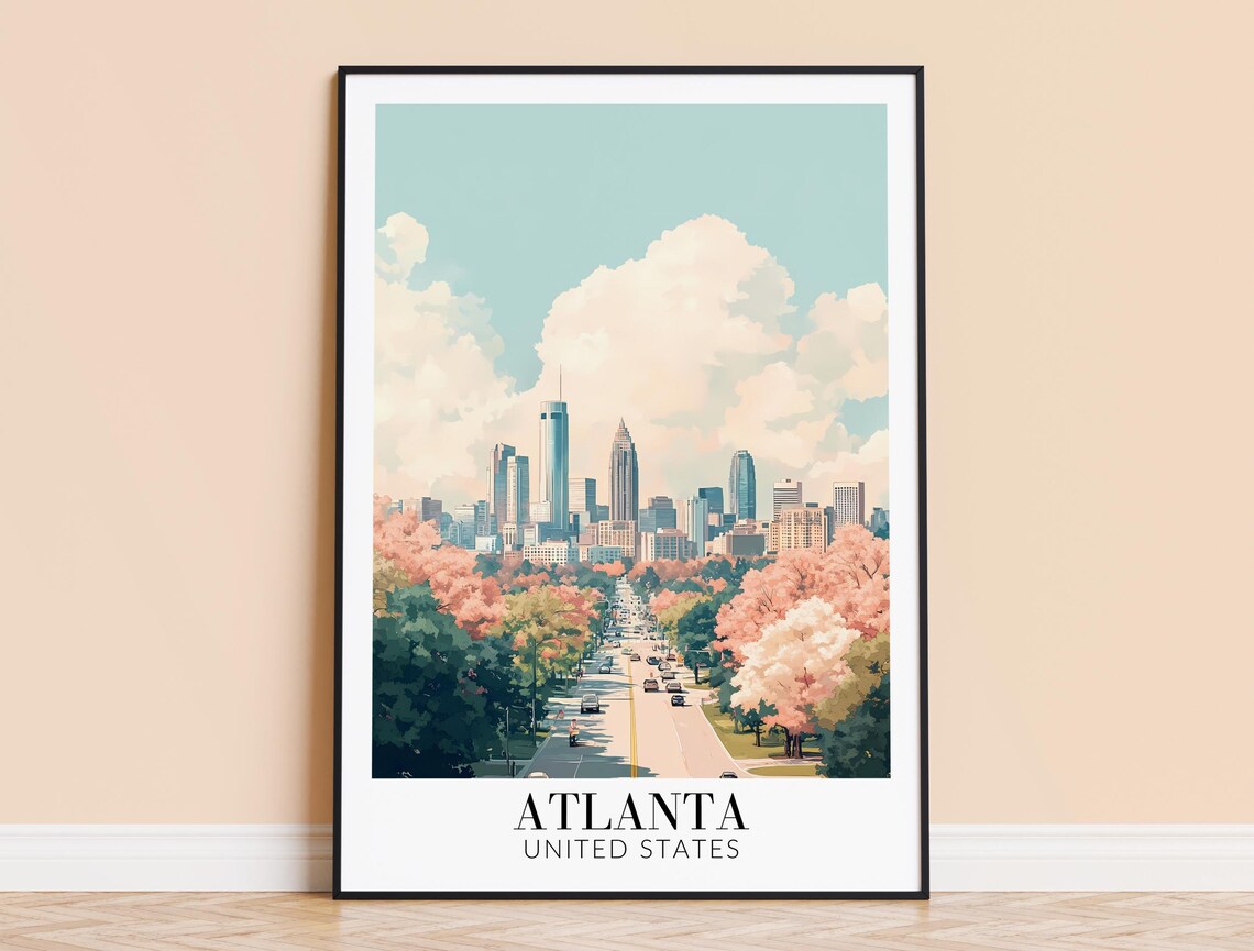 Atlanta Peachtree Street Pink Blossom Daytime Skyline Poster