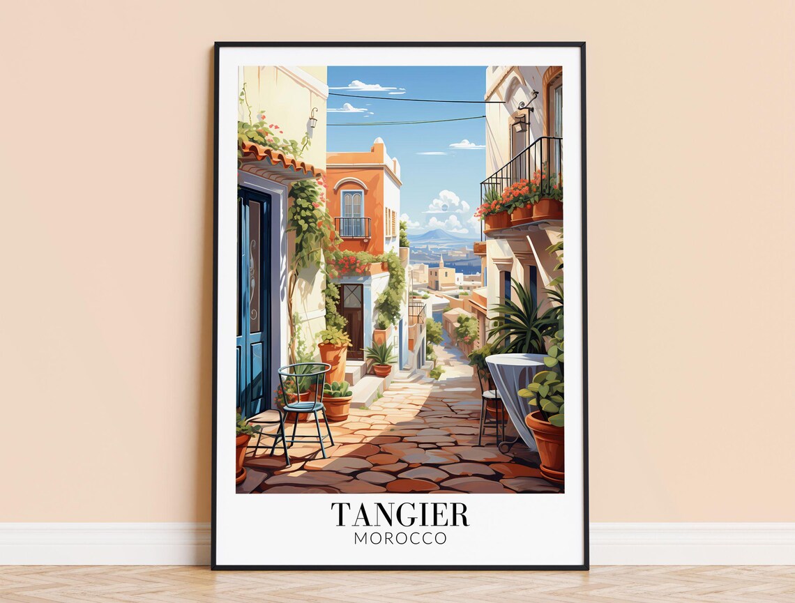 Tangier Morocco Travel Poster Old Town Cobblestone Street Sea View Decor