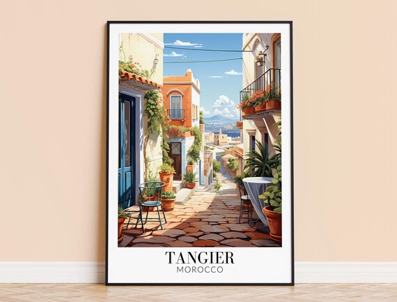Tangier Morocco Travel Poster Old Town Cobblestone Street Sea View Decor