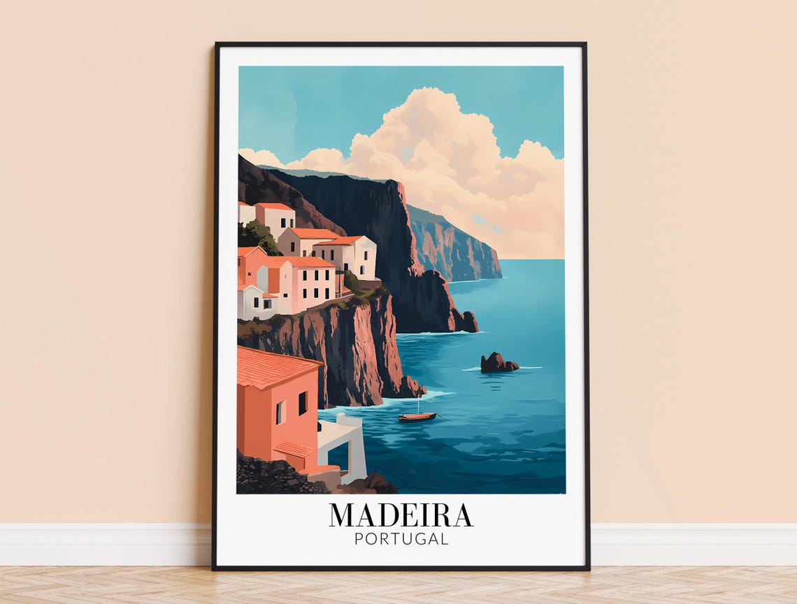 Madeira Cliffside Coastal Village Atlantic Ocean Vista Travel Poster