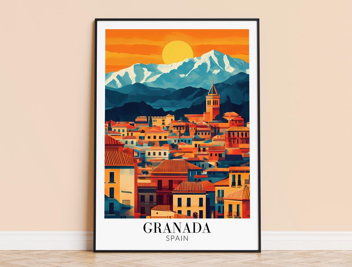 Granada Spain Old Town Rooftops Sierra Nevada Sunset Travel Poster