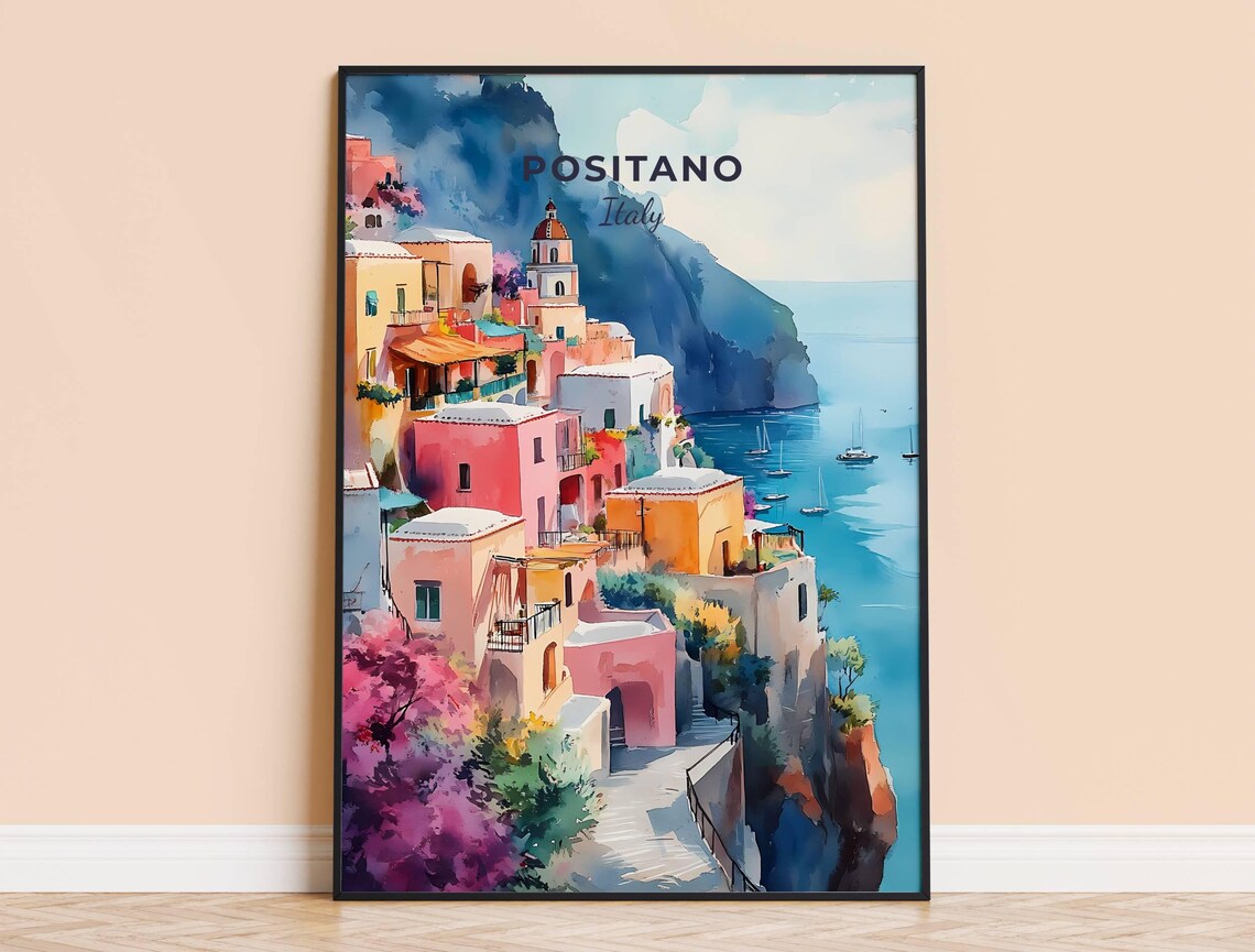 Positano Italy Colorful Cliffside Village Sea Watercolor Poster