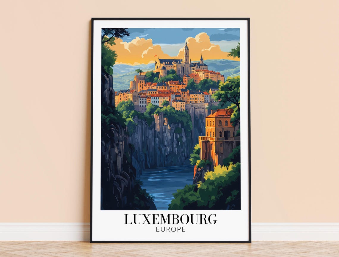Luxembourg Europe Poster with Old Town on Cliffs above a River Gorge