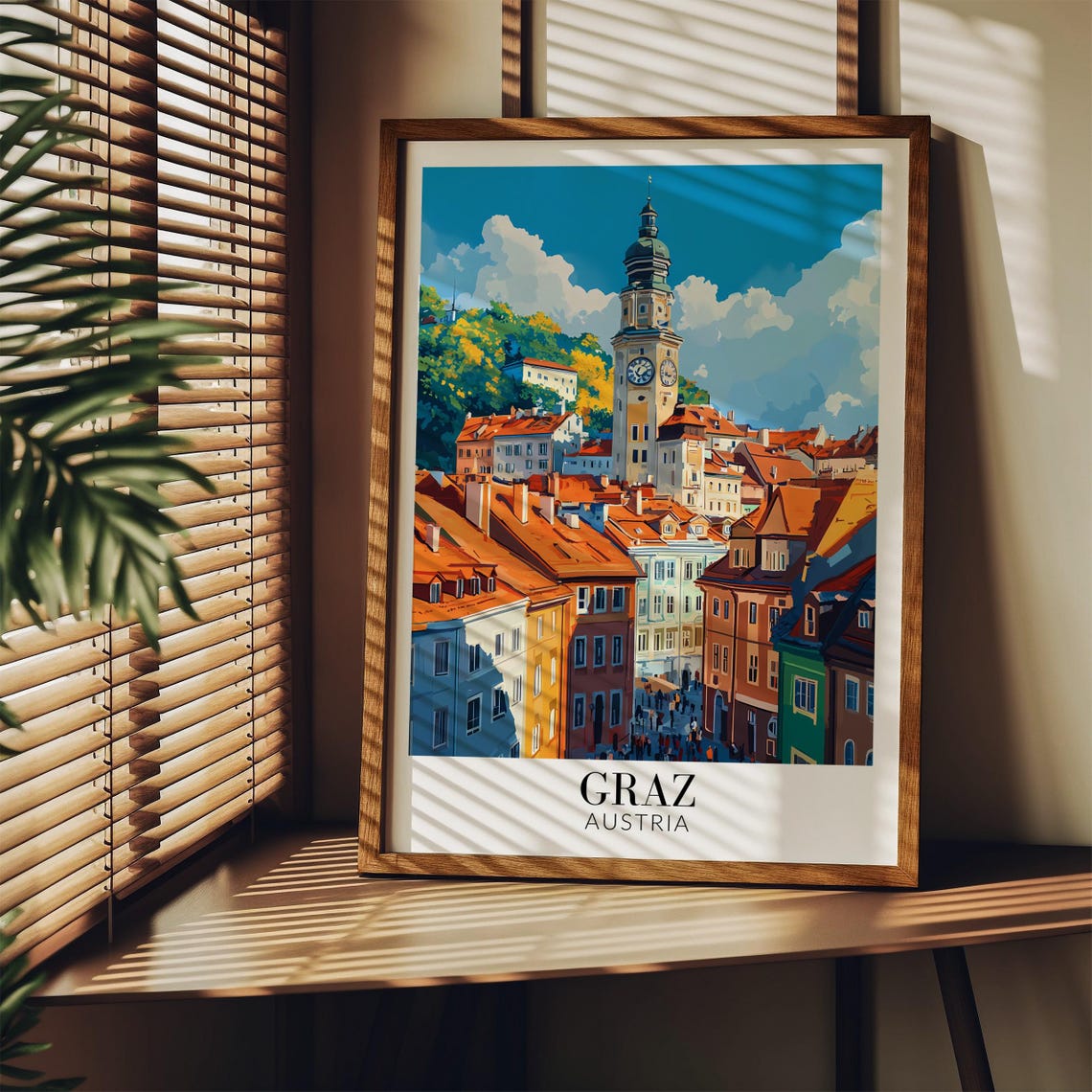 Graz Austria Old Town Clock Tower Orange Rooftops Travel Poster - Image 3