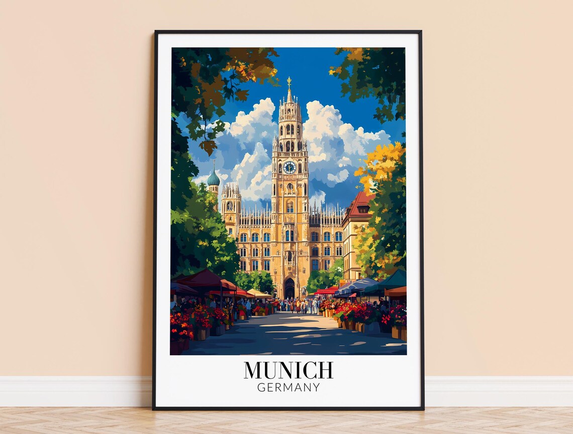 Munich Germany Marienplatz New Town Hall Market Travel Poster